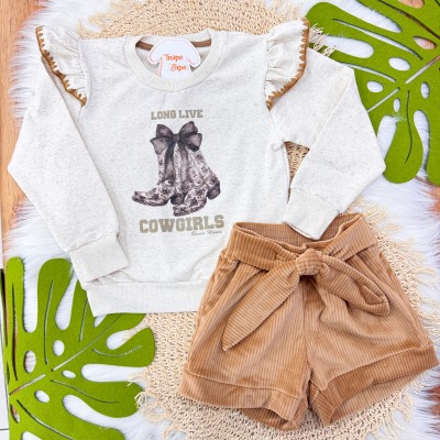 Conj. Blusão de Moletom Cowgirls e Short de Veludo com Laço - Areia 